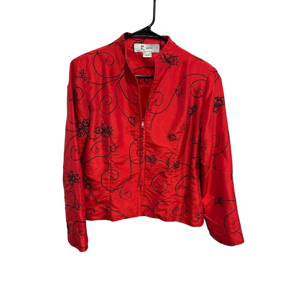 Rarities Red Floral Embroidered Lightweight  Zip Jacket Size M Boho Cottagecore